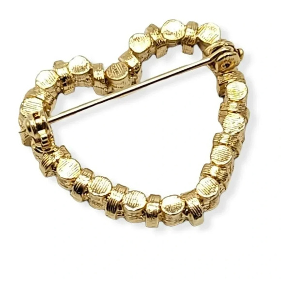 Pink Glass Rhinestone Gold Tone Vintage Heart Pin Brooch - Picture 4 of 4